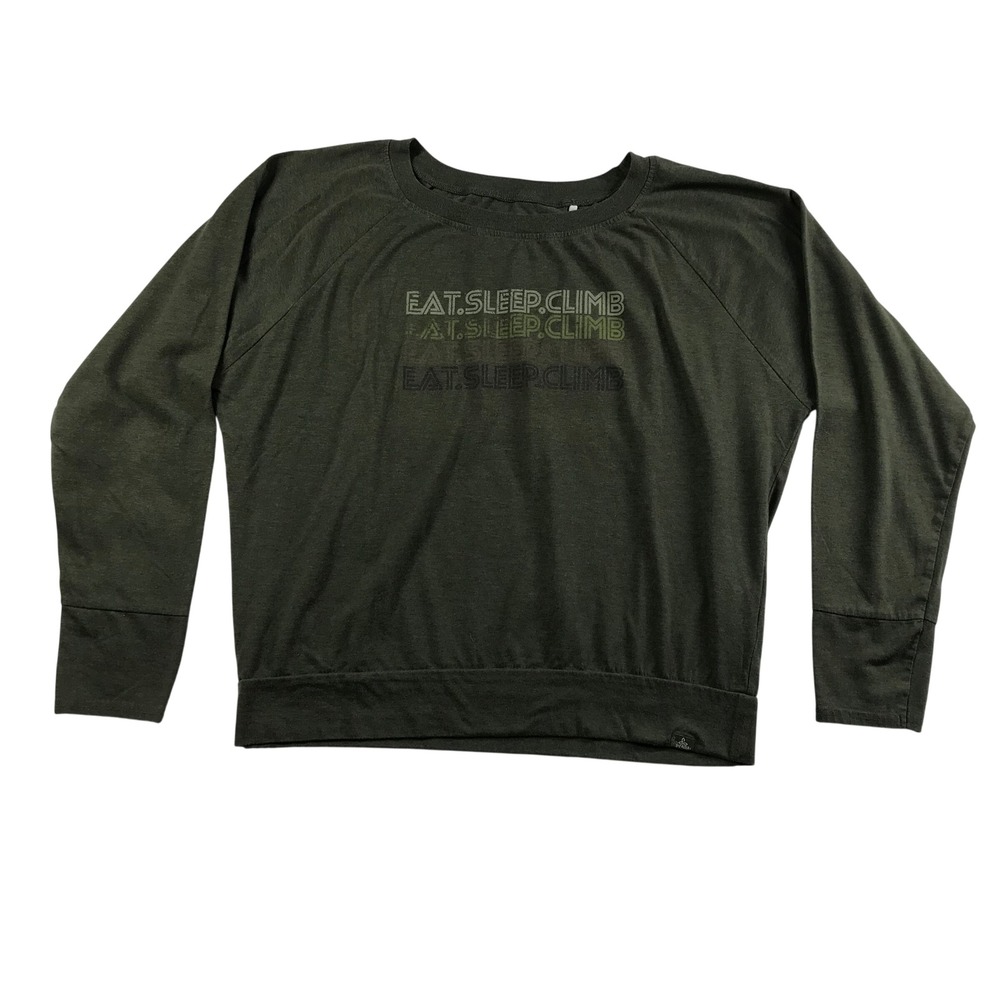 Prana Eat Sleep Climb Graphic Sweatshirt Women Large Olive Green Raglan Pullover